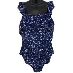 Kona Sol Womens Size 17 One-Piece Swimsuit Navy White Polka Dot Ruffle NWT New